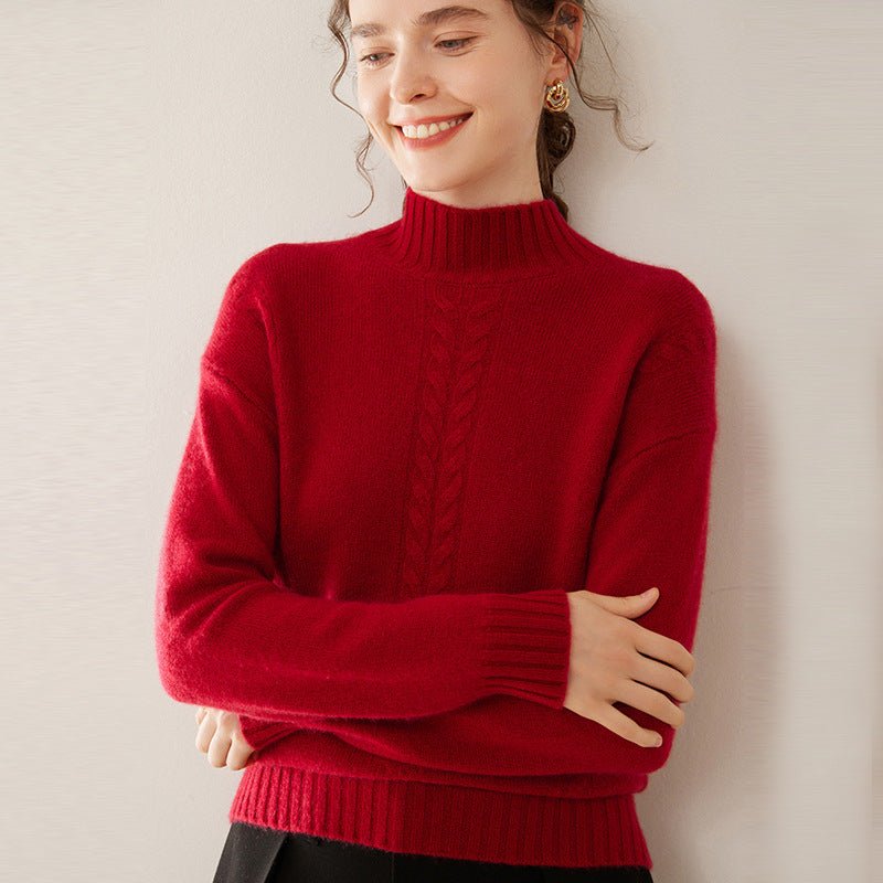 Womens Ribbed Mock Neck Cashmere Sweater Cable Knit Cashmere Pullover Claret XS