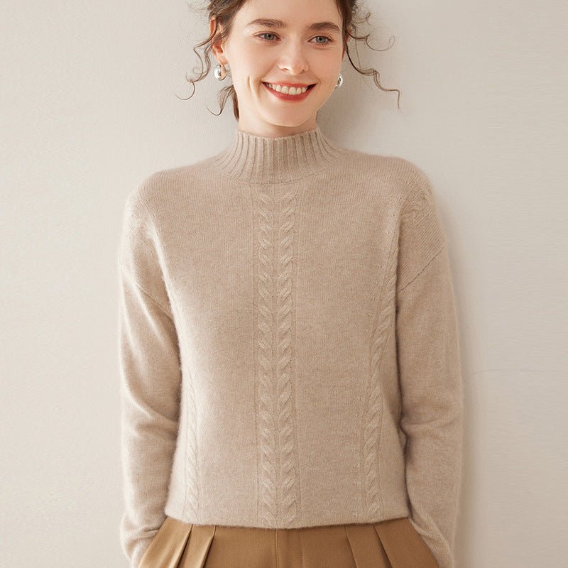 Womens Ribbed Mock Neck Cashmere Sweater Cable Knit Cashmere Pullover Camel XS