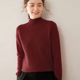 Womens Ribbed Mock Neck Cashmere Sweater Cable Knit Cashmere Pullover Angora Red XS