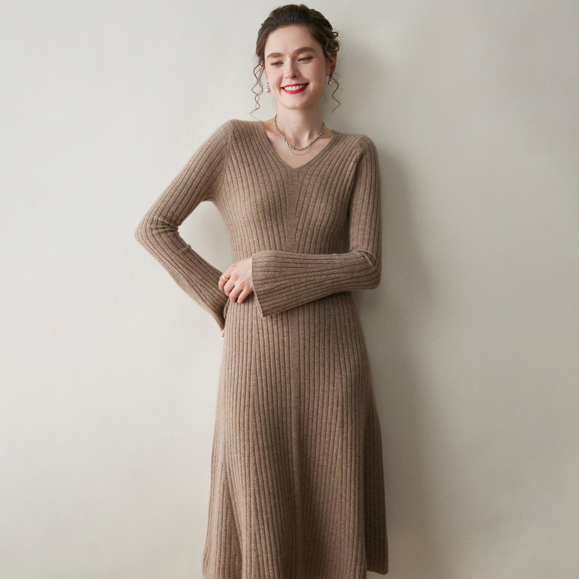 Womens Ribbed V-Neck Cashmere Midi Dress with Flared Sleeves Taupe XS