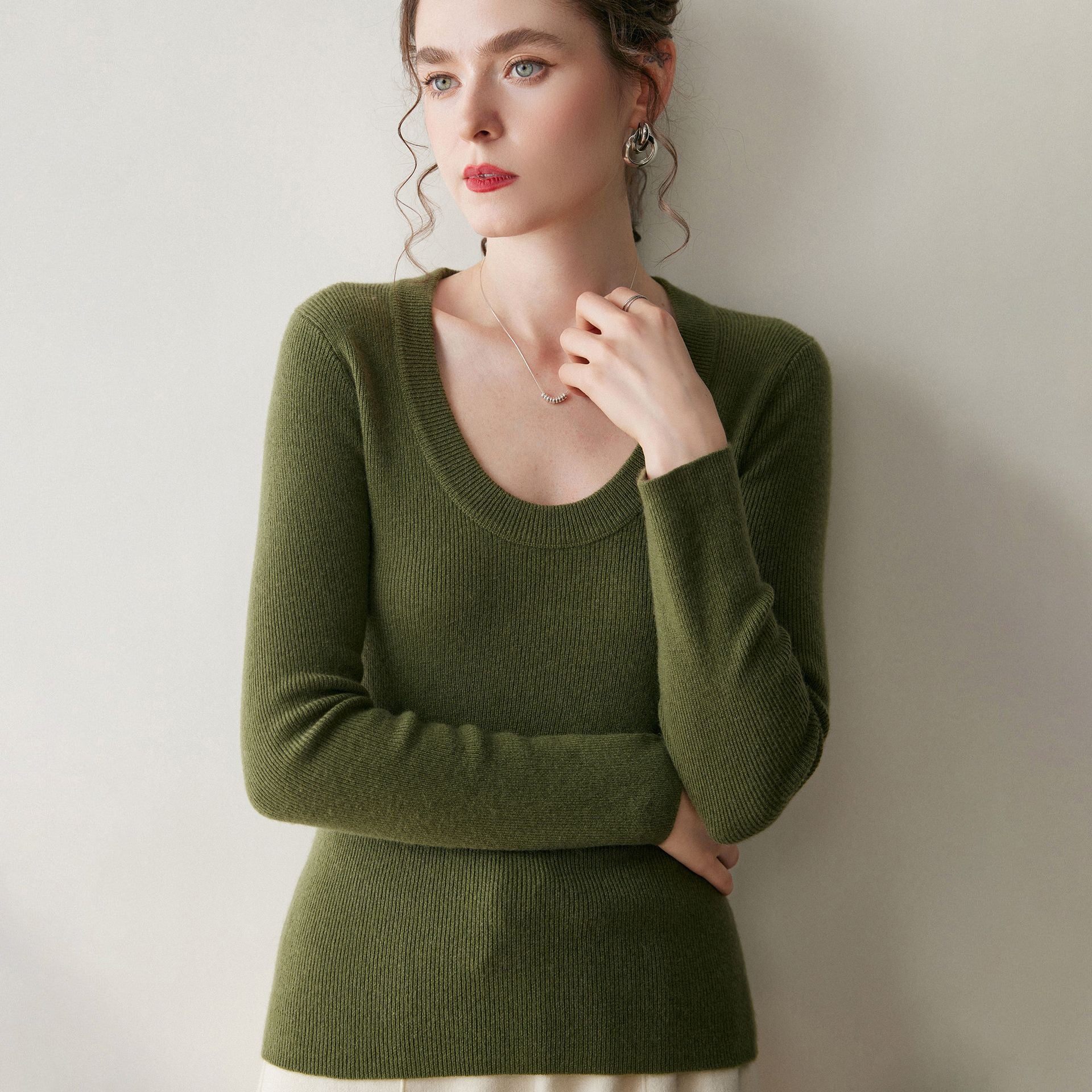 Womens Scoop Neck Cashmere Sweater Long Sleeve Cashmere Knit Top Green XS