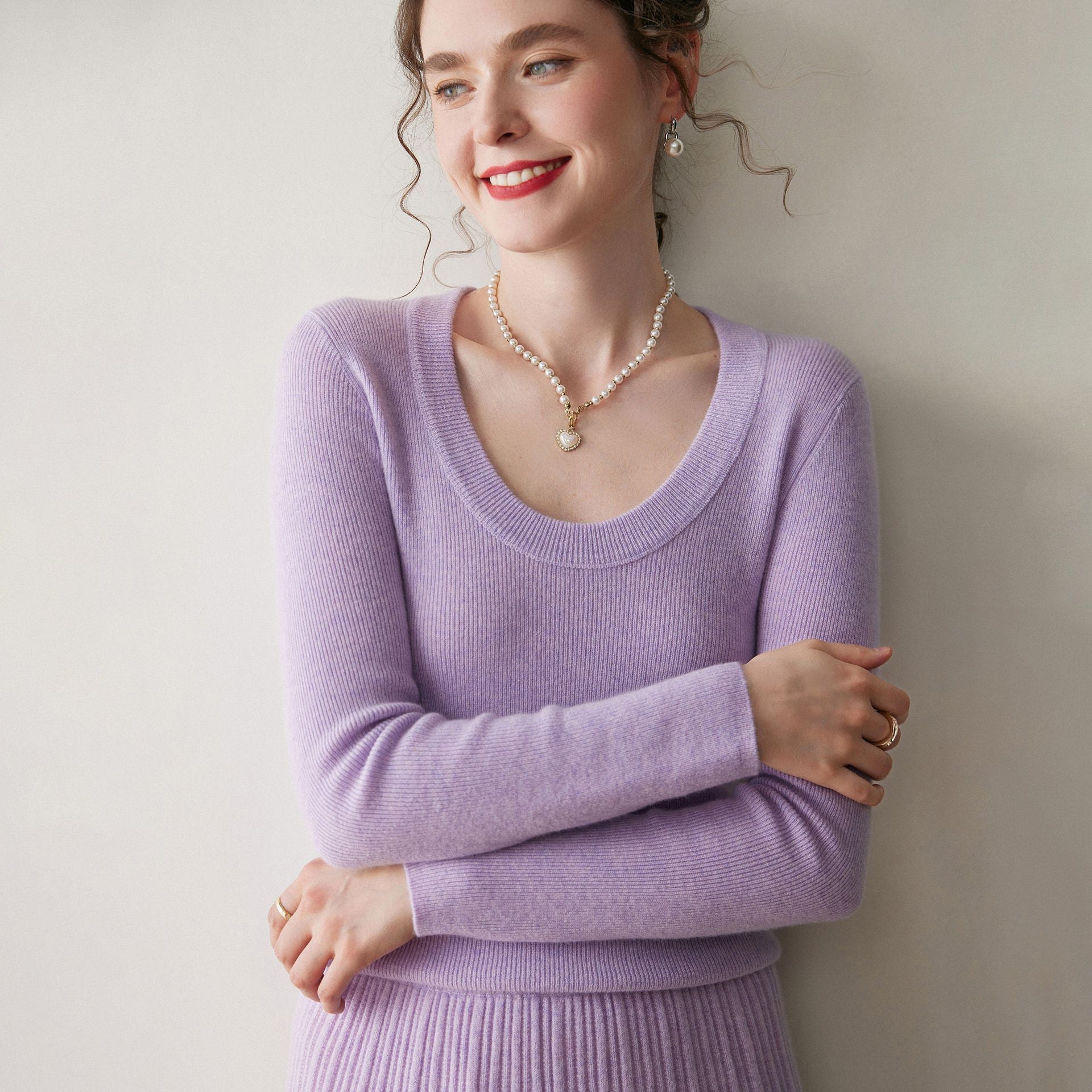 Womens Scoop Neck Cashmere Sweater Long Sleeve Cashmere Knit Top Purple XS