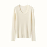 Womens Scoop Neck Cashmere Sweater Long Sleeve Cashmere Knit Top Ivory XS