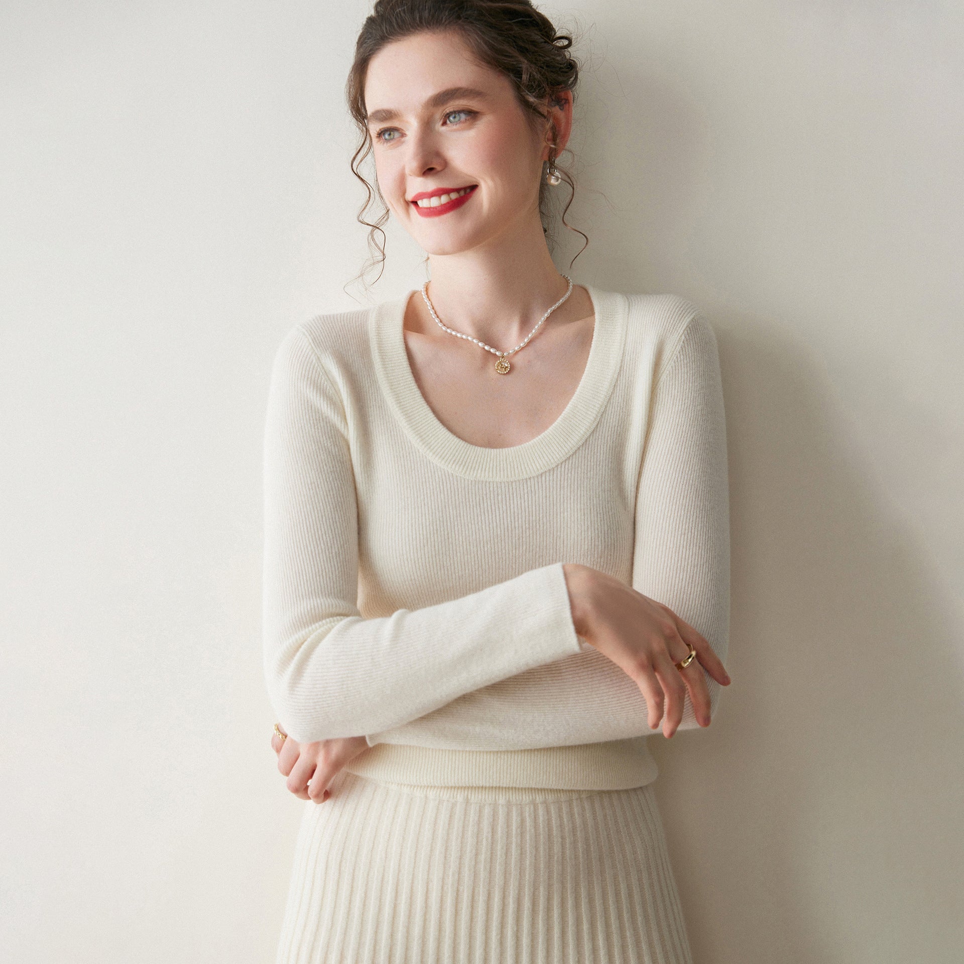 Womens Scoop Neck Cashmere Sweater Long Sleeve Cashmere Knit Top Ivory XS