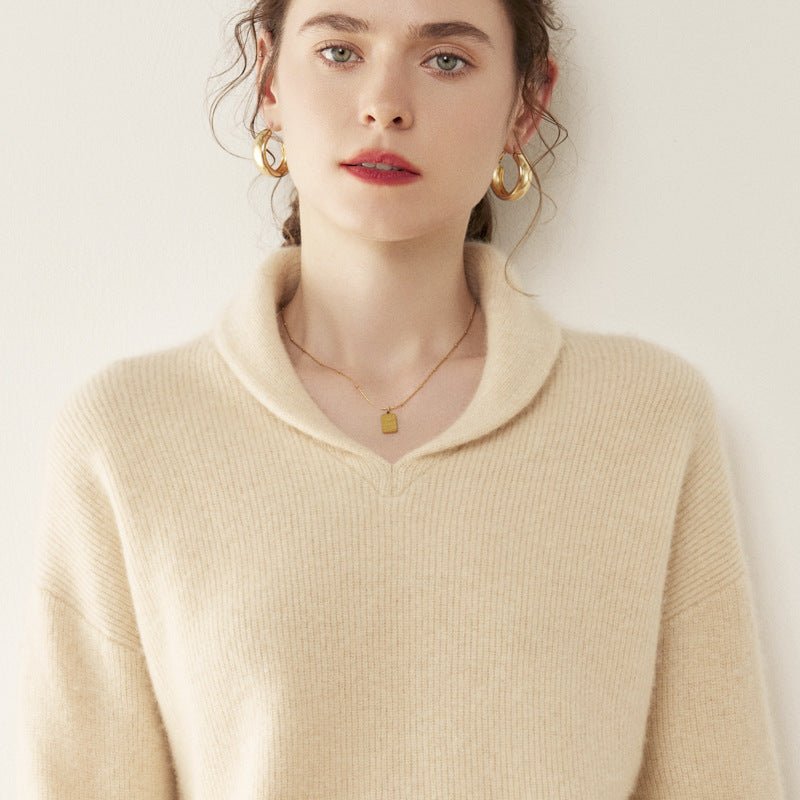 Womens Shawl Collar Cashmere Sweater V Neck Long Sleeve Cashmere Pullover Beige XS