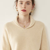 Womens Shawl Collar Cashmere Sweater V Neck Long Sleeve Cashmere Pullover Beige XS
