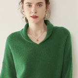 Womens Shawl Collar Cashmere Sweater V Neck Long Sleeve Cashmere Pullover Green XS