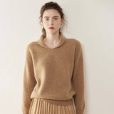 Womens Shawl Collar Cashmere Sweater V Neck Long Sleeve Cashmere Pullover Camel XS