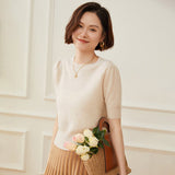 Womens Short Sleeve Cashmere Sweater Crew Neck Cashmere Knit Pullover Top Beige XS