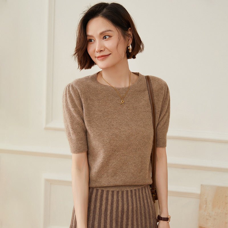 Womens Short Sleeve Cashmere Sweater Crew Neck Cashmere Knit Pullover Top Taupe XS