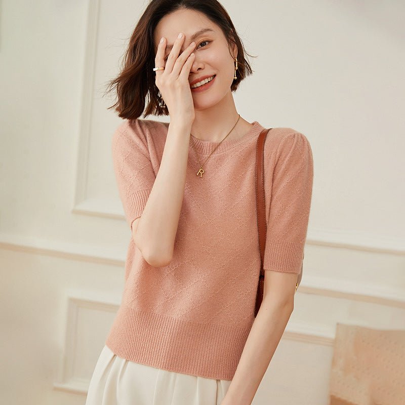Womens Short Sleeve Cashmere Sweater Crew Neck Cashmere Knit Pullover Top Pink XS