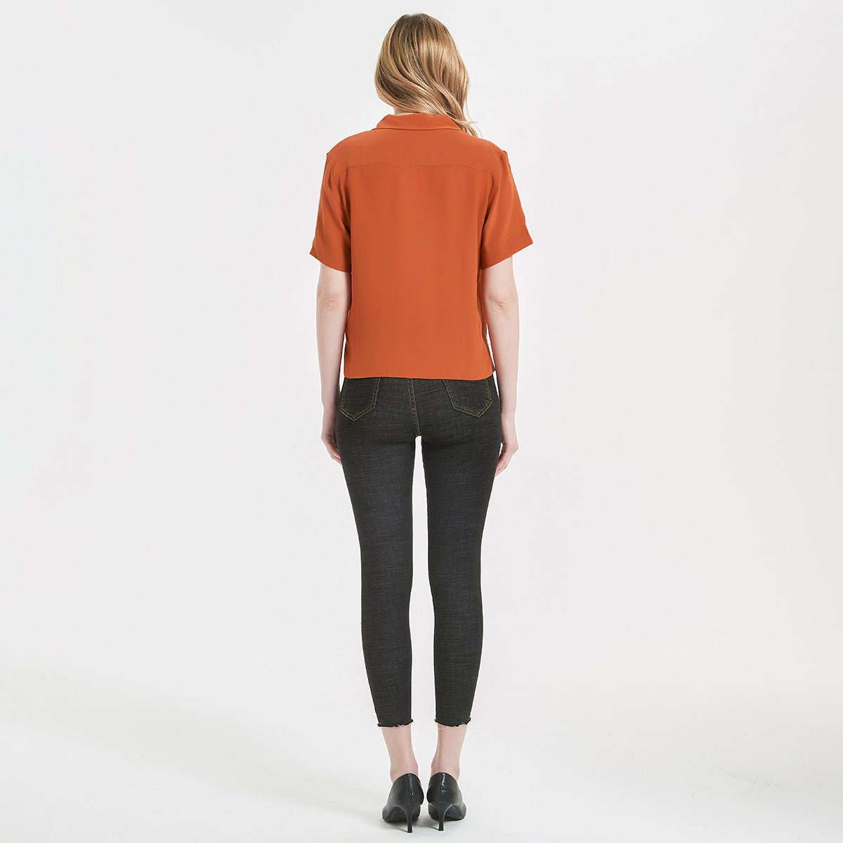 Womens Silk Blouse Shirt Short Sleeve Silk Lady Shirt Blouse Tops Orange M