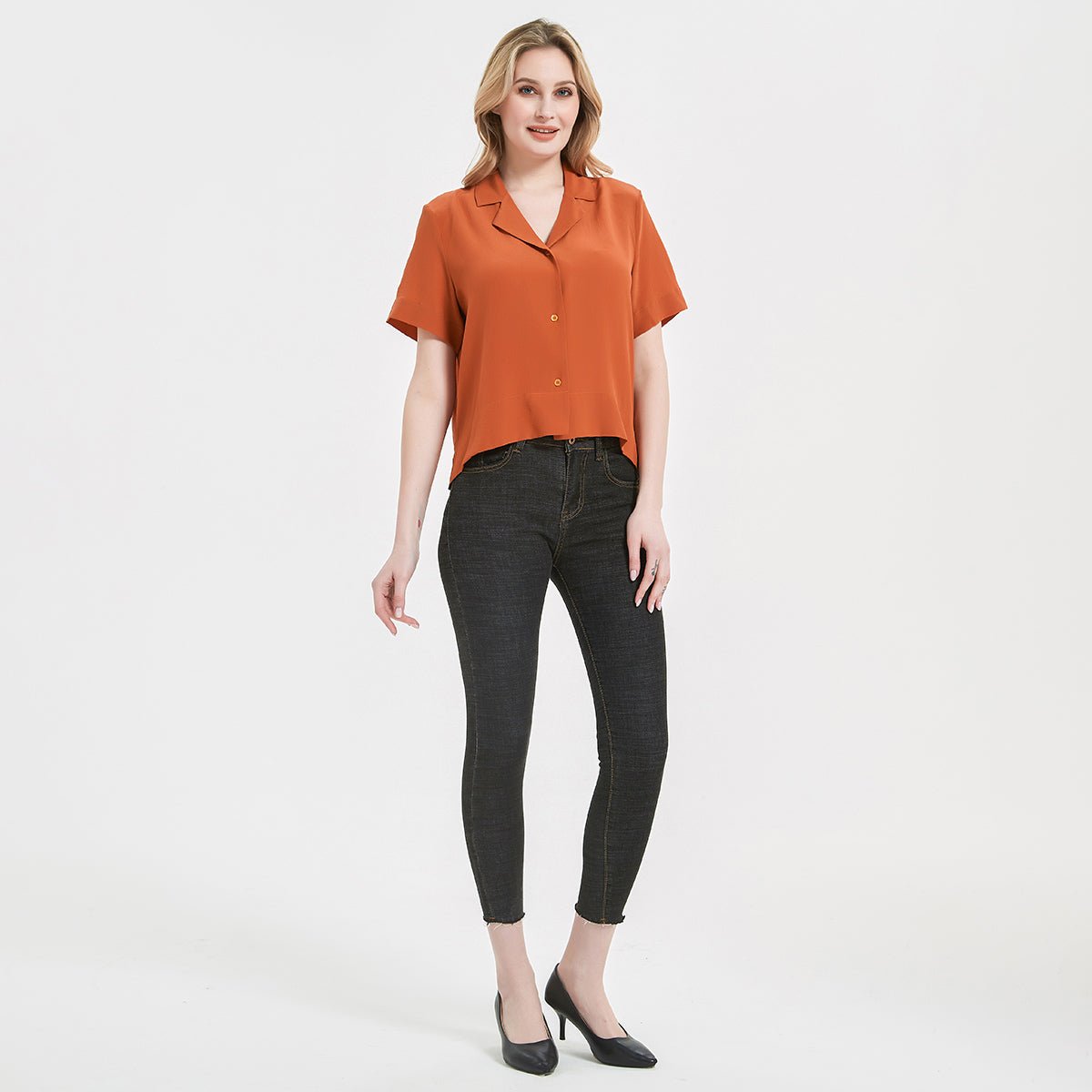 Womens Silk Blouse Shirt Short Sleeve Silk Lady Shirt Blouse Tops Orange M