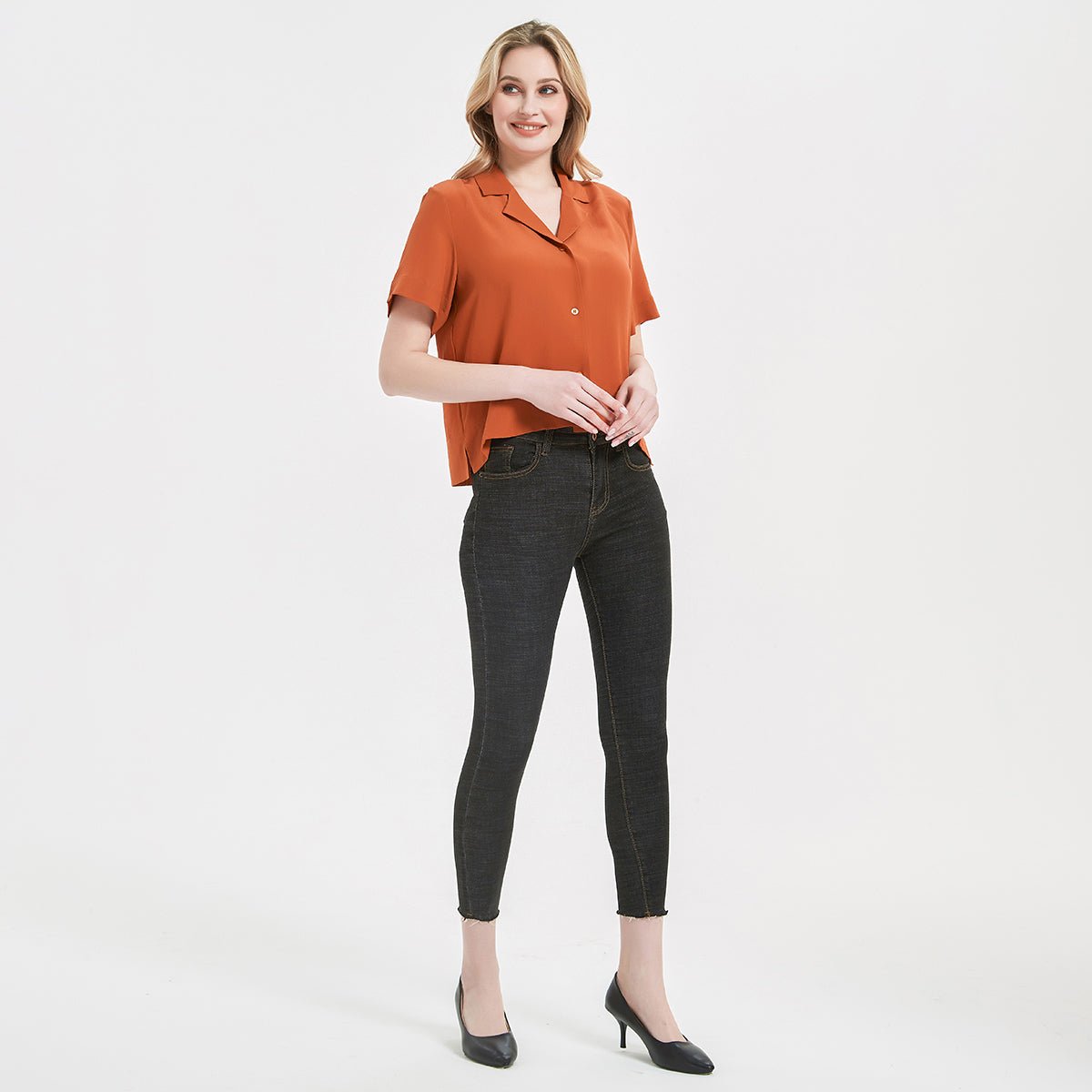 Womens Silk Blouse Shirt Short Sleeve Silk Lady Shirt Blouse Tops Orange M