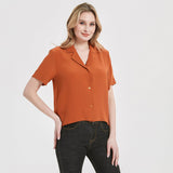 Womens Silk Blouse Shirt Short Sleeve Silk Lady Shirt Blouse Tops Orange M