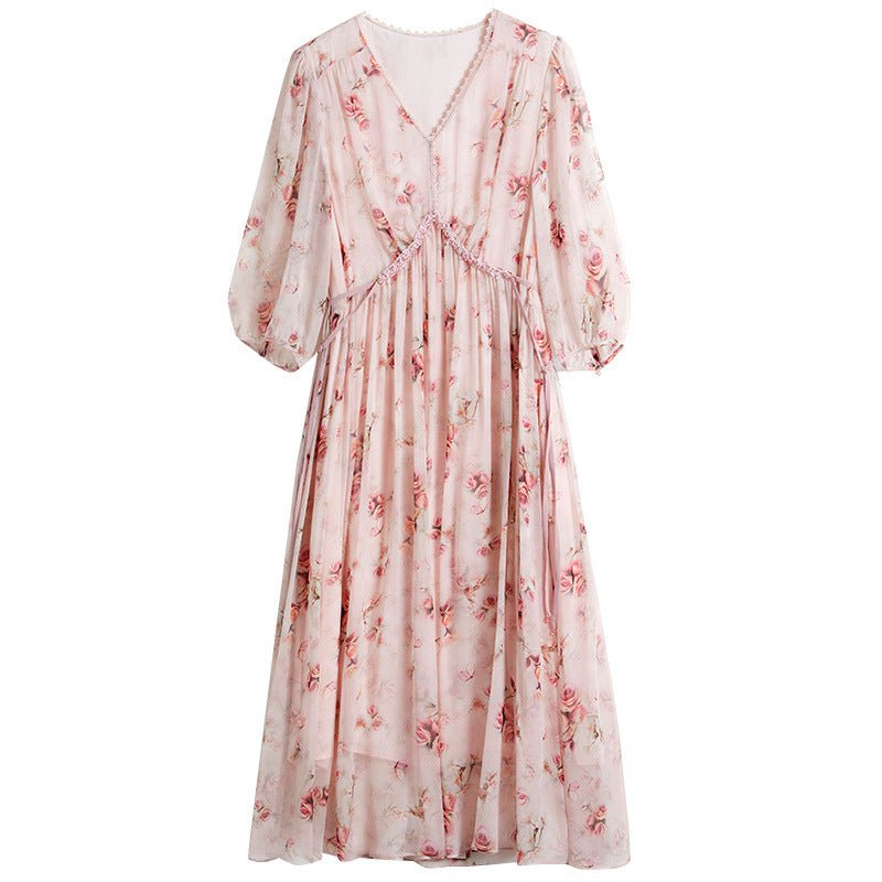 Womens Silk Chiffon Midi Dress Floral Print Gathered Waist Pink Silk Dress