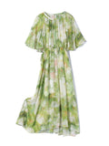 Womens Silk Chiffon Midi Dress Flutter Sleeve Watercolor Floral Green Silk Dress