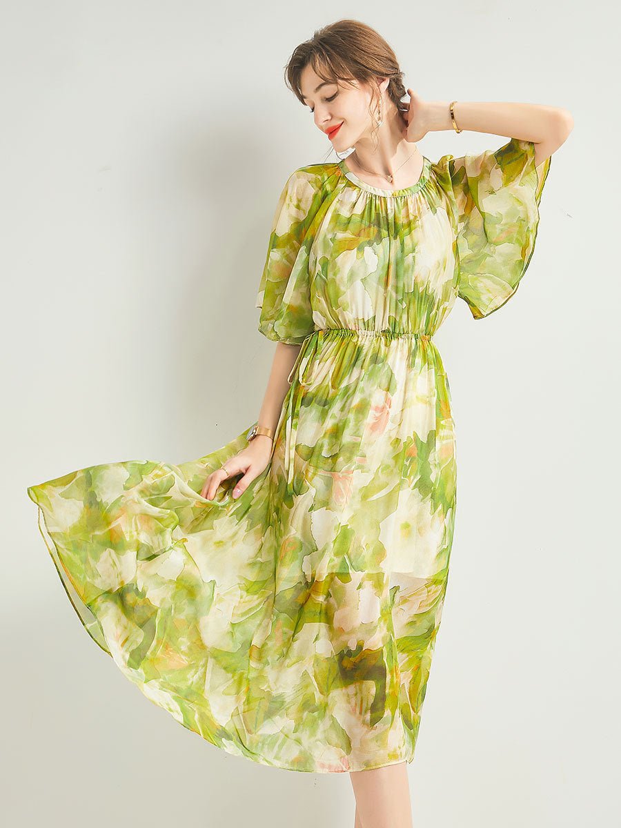 Womens Silk Chiffon Midi Dress Flutter Sleeve Watercolor Floral Green Silk Dress