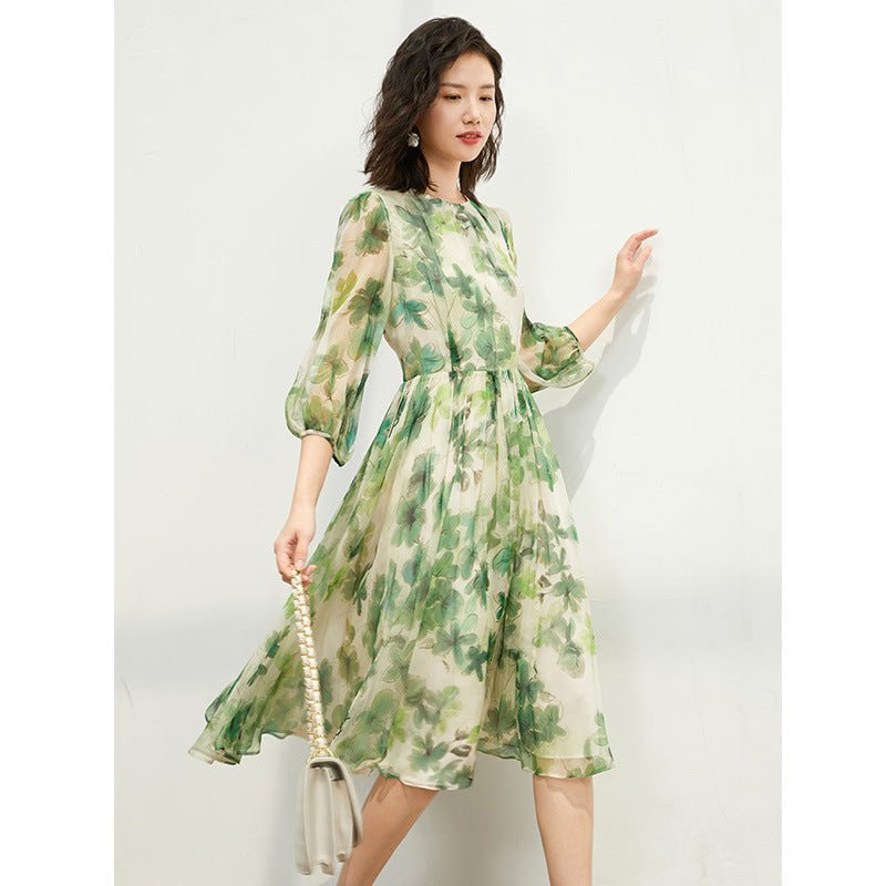 Womens Silk Chiffon Midi Dress Watercolor Leaf Print Sheer Sleeve Green Silk Dress Green XS