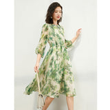 Womens Silk Chiffon Midi Dress Watercolor Leaf Print Sheer Sleeve Green Silk Dress Green XS