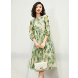 Womens Silk Chiffon Midi Dress Watercolor Leaf Print Sheer Sleeve Green Silk Dress Green XS