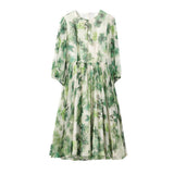 Womens Silk Chiffon Midi Dress Watercolor Leaf Print Sheer Sleeve Green Silk Dress Green XS