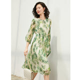 Womens Silk Chiffon Midi Dress Watercolor Leaf Print Sheer Sleeve Green Silk Dress Green XS