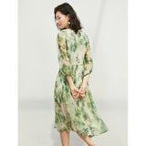 Womens Silk Chiffon Midi Dress Watercolor Leaf Print Sheer Sleeve Green Silk Dress Green XS