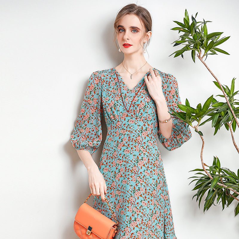 Womens Silk Floral Midi Dress V - Neck Sheer Sleeve Green Silk Dress