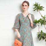 Womens Silk Floral Midi Dress V - Neck Sheer Sleeve Green Silk Dress
