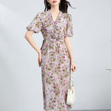 Womens Silk Floral Wrap Midi Dress Puff Sleeve Pleated Waist Silk Dress Purple XS