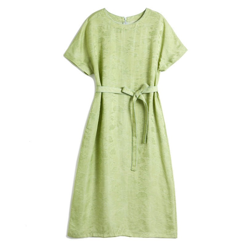 Womens Silk Jacquard Midi Dress Belted Waist Short Sleeve Green Silk Dress