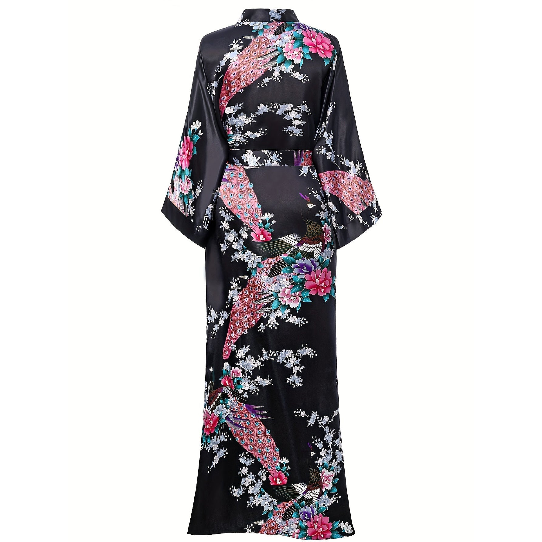 Womens Silk Kimono Peacock and Floral Print Kimono Silk Long Silk Robe