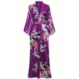 Womens Silk Kimono Peacock and Floral Print Kimono Silk Long Silk Robe