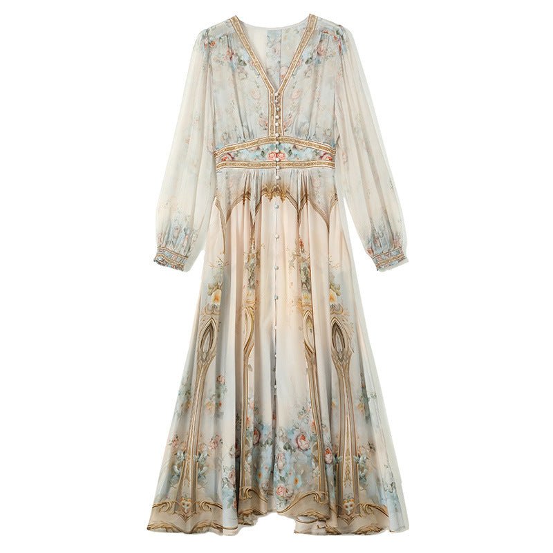 Womens Silk Maxi Dress Baroque Floral Print Sheer Sleeve Long Silk Dress