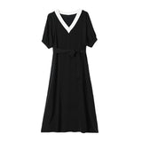 Womens Silk Midi Dress Contrast V - Neck Waist Tie Black Silk Dress