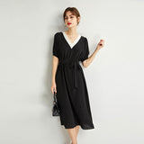 Womens Silk Midi Dress Contrast V - Neck Waist Tie Black Silk Dress