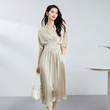 Womens Silk Midi Dress Draped V - Neck Cinched Waist Long Silk Dress