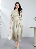 Womens Silk Midi Dress Draped V - Neck Cinched Waist Long Silk Dress