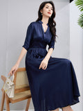 Womens Silk Midi Dress Draped V - Neck Cinched Waist Long Silk Dress Navy Blue XS