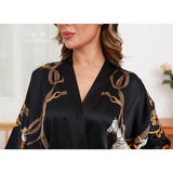 Womens Silk Robe Hand Painted Horse Print Silk Kimono Robes Black One size fits most
