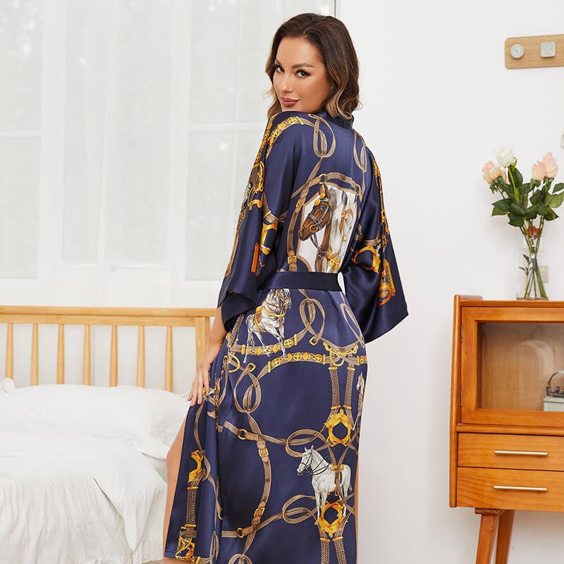Womens Silk Robe Hand Painted Horse Print Silk Kimono Robes Navy Blue One size fits most
