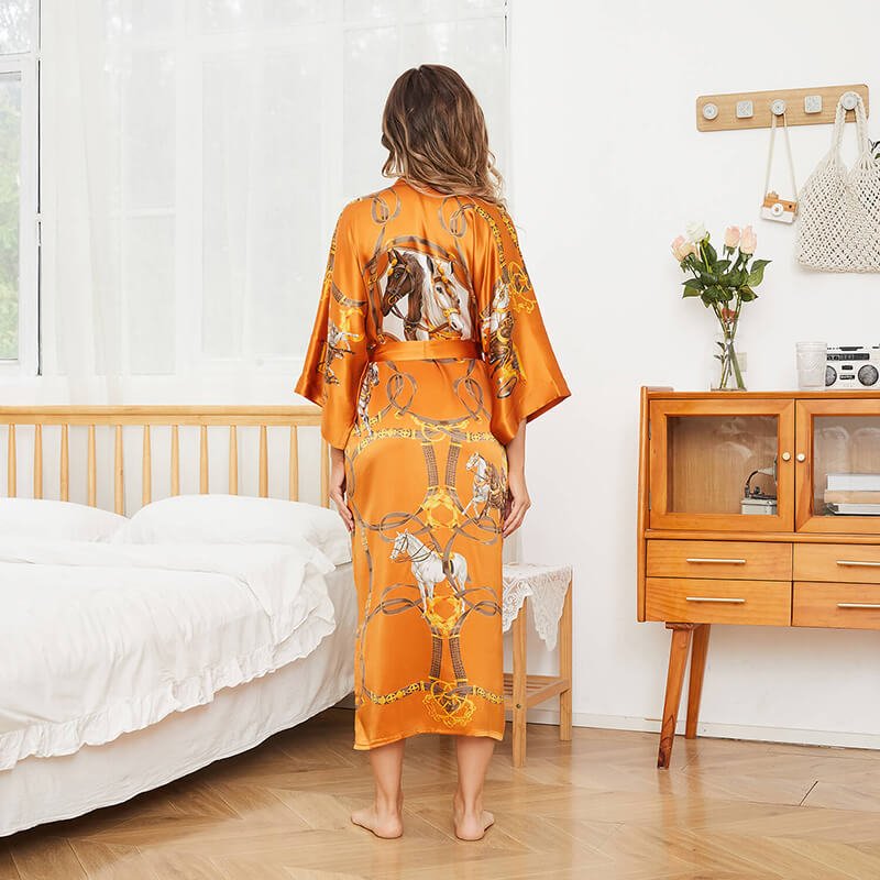 Womens Silk Robe Hand Painted Horse Print Silk Kimono Robes Orange One size fits most
