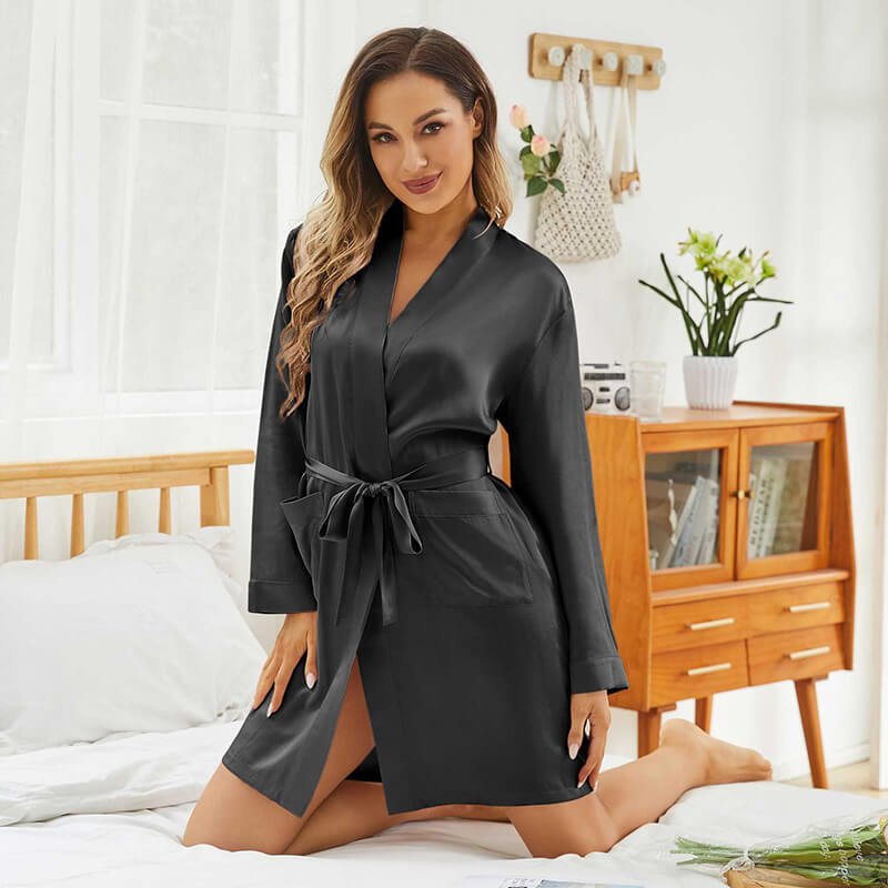 Womens Silk Robes 100% Mulberry Pure Silk Robe For Bridesmaids Black XS