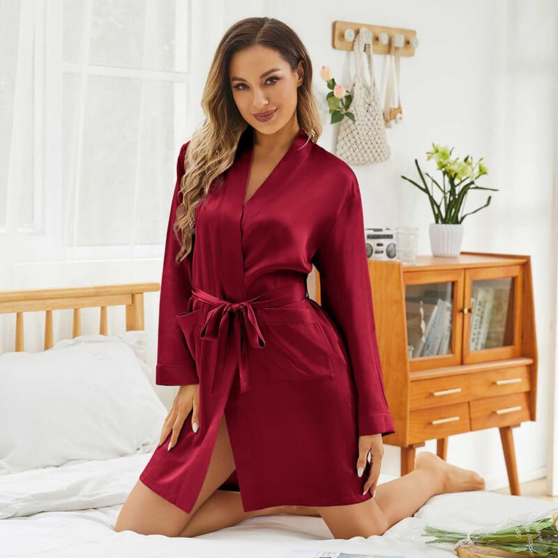Womens Silk Robes 100% Mulberry Pure Silk Robe For Bridesmaids Claret XS
