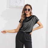 Womens Silk Tops Round Neck Short Sleeves Pure Silk Shirts