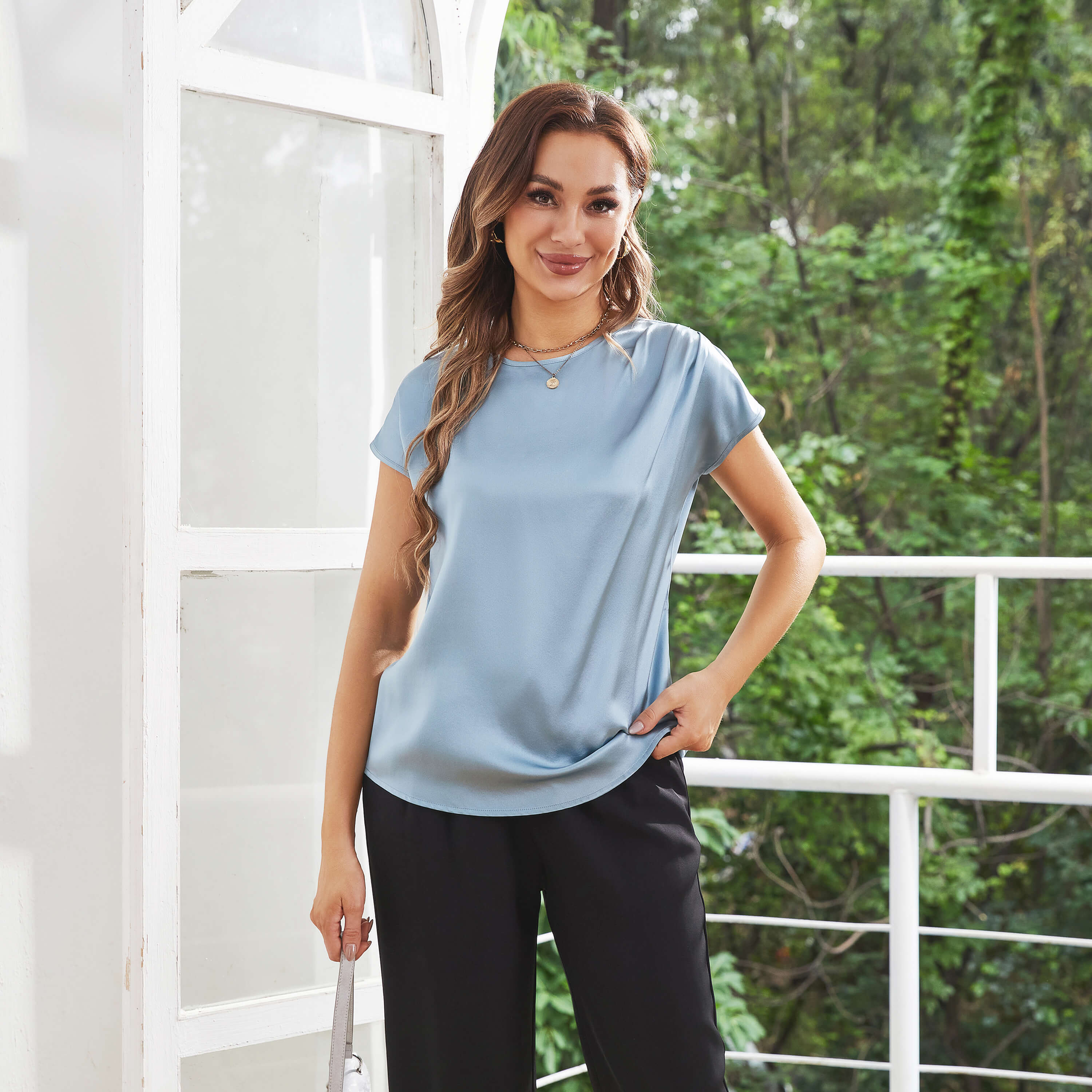 Womens Silk Tops Round Neck Short Sleeves Pure Silk Shirts