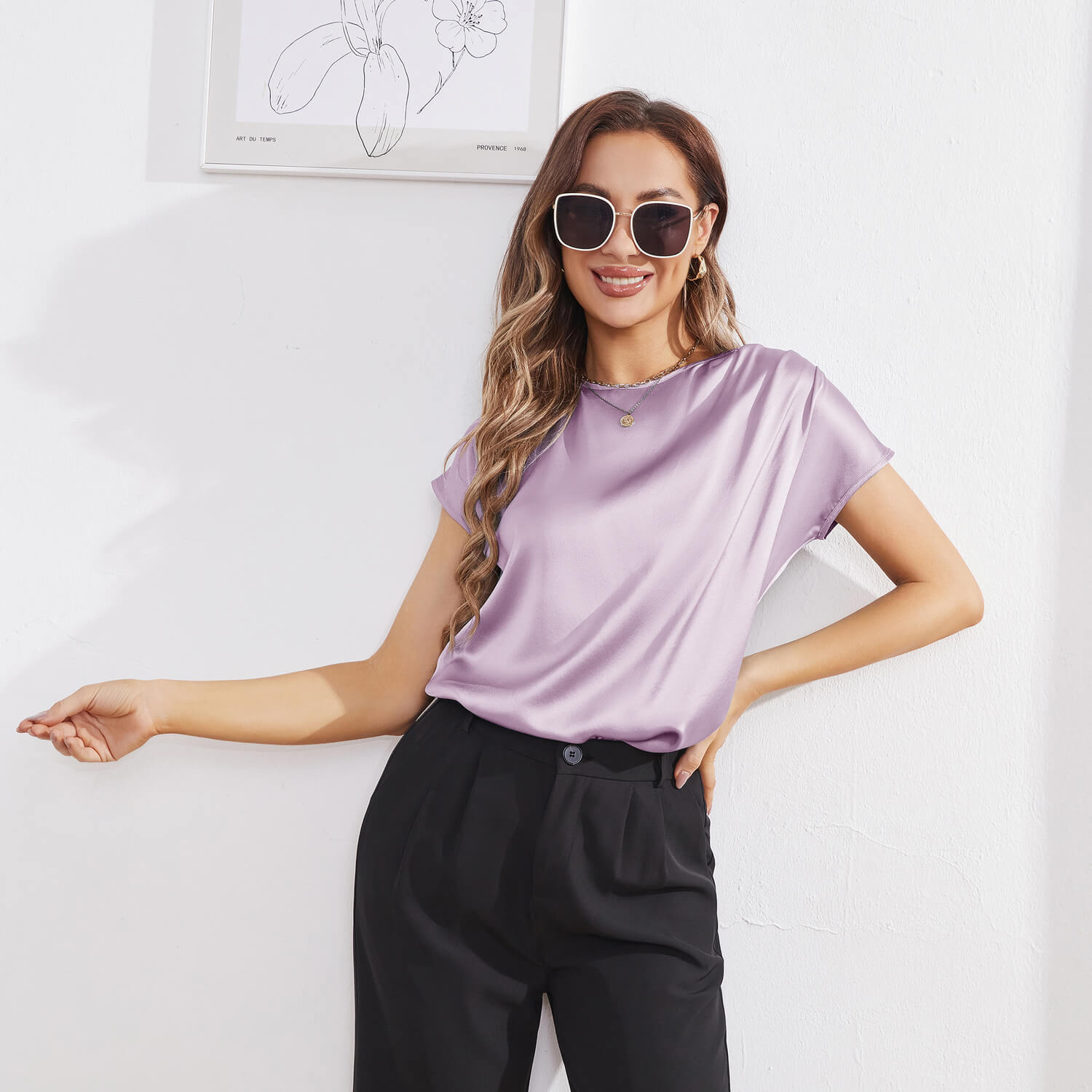 Womens Silk Tops Round Neck Short Sleeves Pure Silk Shirts