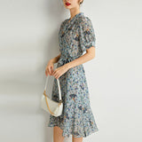 Womens Silk Wrap Midi Dress Fan Motif Ruffled Hem Blue Silk Dress Blue XS