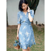 Womens Silk Wrap Mini Dress Puff Sleeve Floral Print Blue Silk Dress